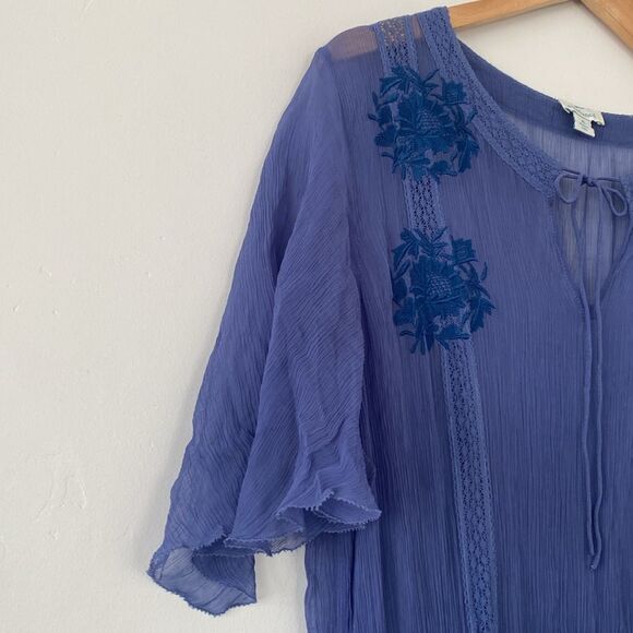 Sundance Led By Dreams Dress Blue Embroidered Floral Sheer XL Boho Old Money - Picture 8 of 12